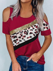 Leopard Sequin Stitching Cold Shoulder T-shirt