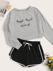 Letter & Eyelash Print PJ Set