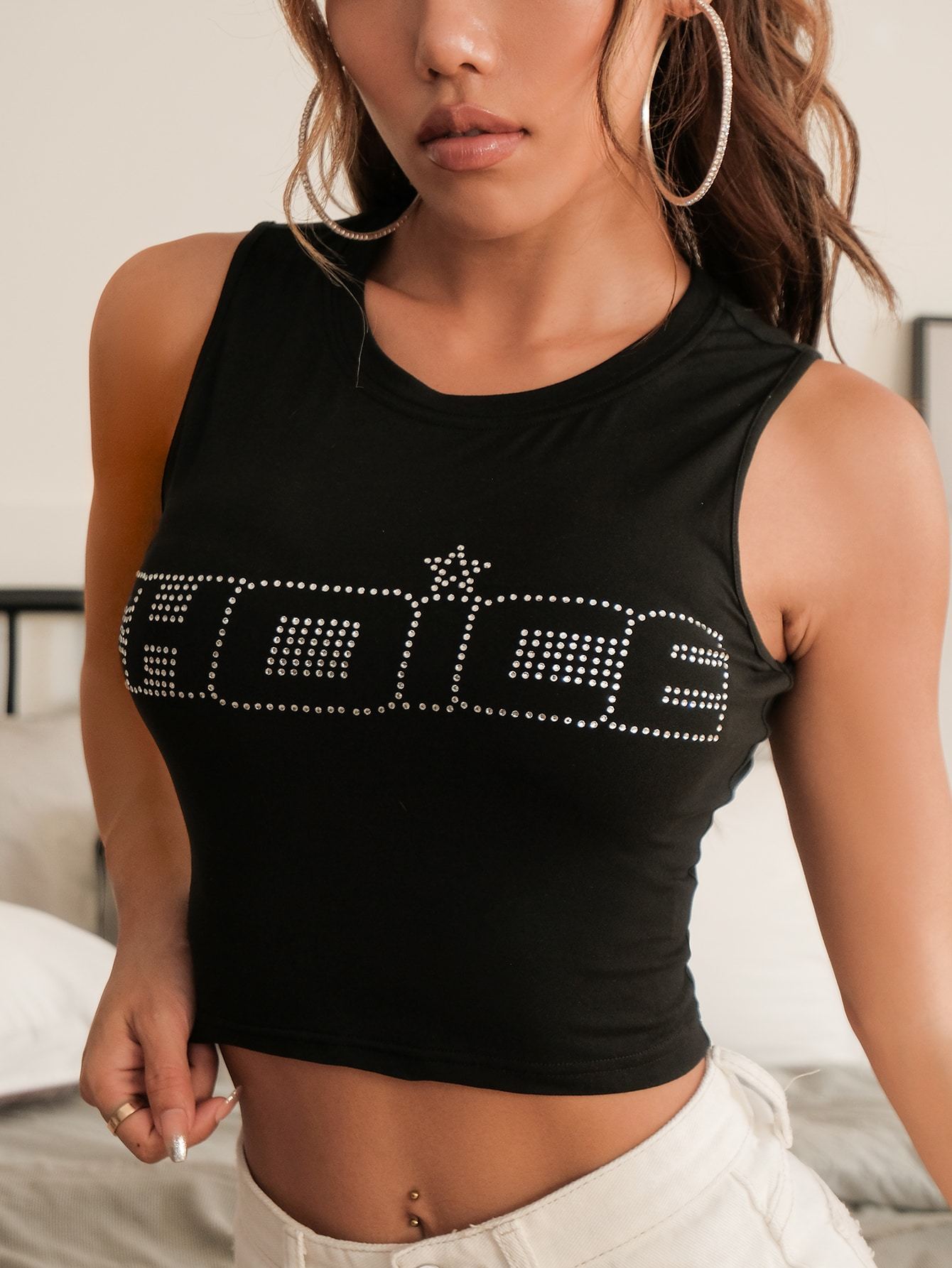 Letter & Star Rhinestone Tank Crop Top