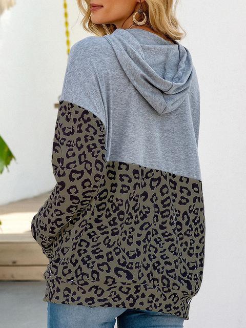 Long Sleeve Leopard Print Drawstring Hoodie