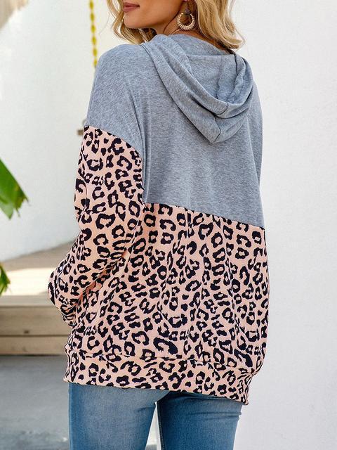 Long Sleeve Leopard Print Drawstring Hoodie