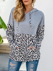 Long Sleeve Leopard Print Drawstring Hoodie