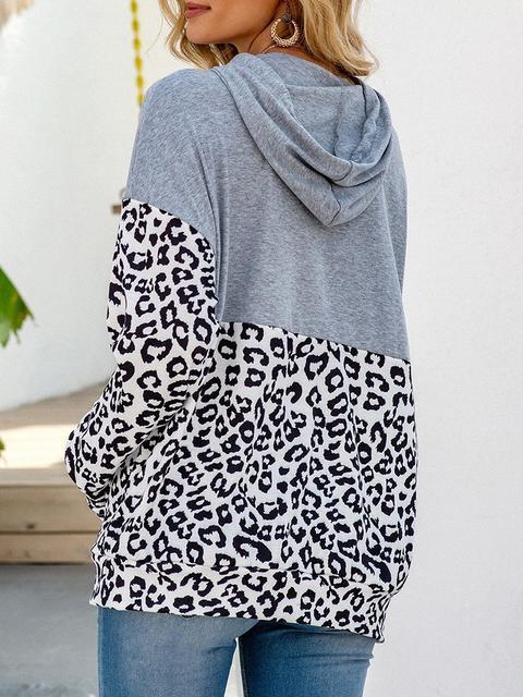 Long Sleeve Leopard Print Drawstring Hoodie