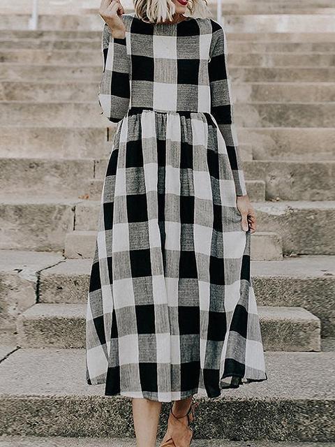 Long Sleeve Plaid Print Long Dress