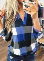 Long Sleeve V Neck Plaid Blouse