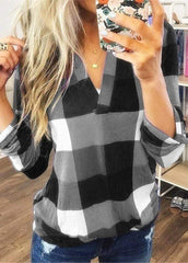Long Sleeve V Neck Plaid Blouse