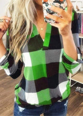 Long Sleeve V Neck Plaid Blouse