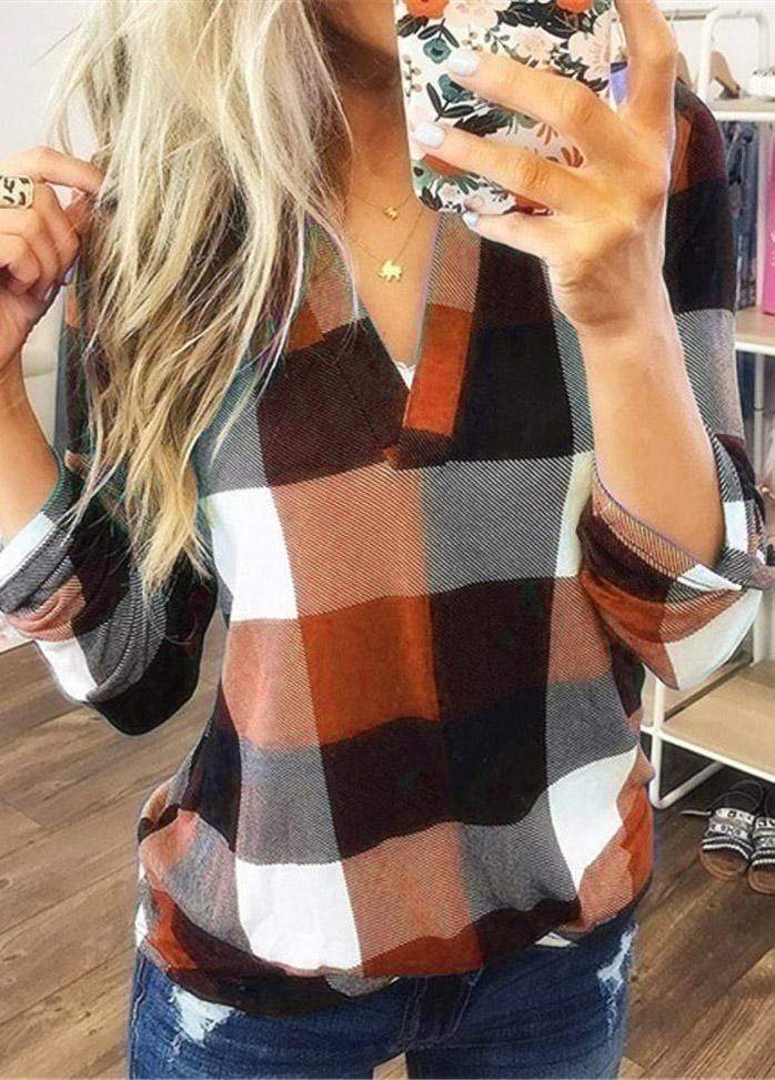 Long Sleeve V Neck Plaid Blouse