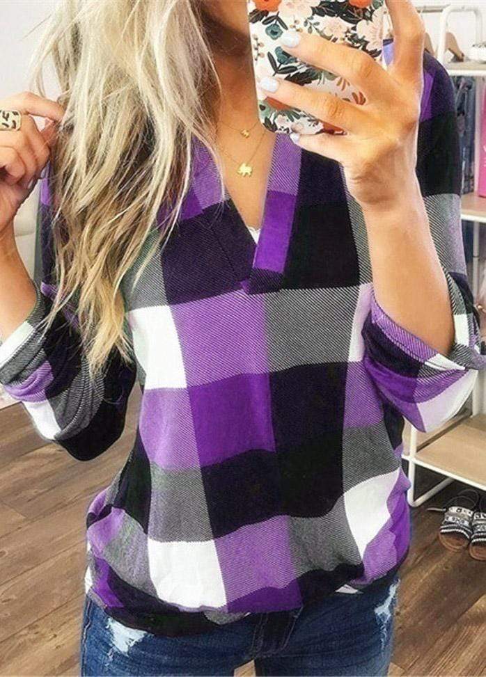 Long Sleeve V Neck Plaid Blouse
