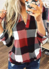 Long Sleeve V Neck Plaid Blouse