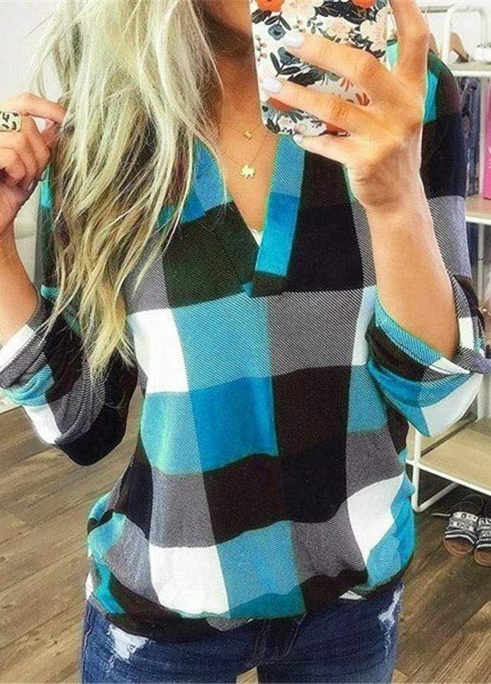 Long Sleeve V Neck Plaid Blouse