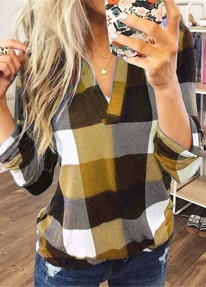 Long Sleeve V Neck Plaid Blouse