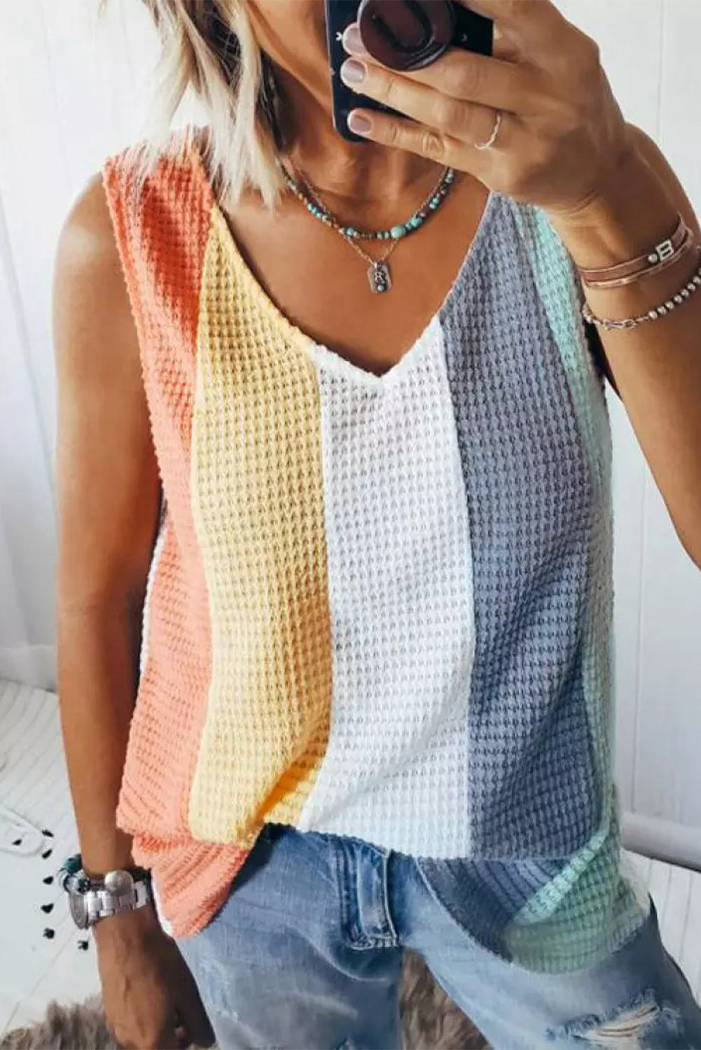 Colro Block V Neck Waffle Tank