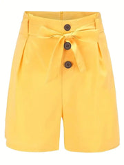 Casual Solid Tie Waist High Waist Button Shorts