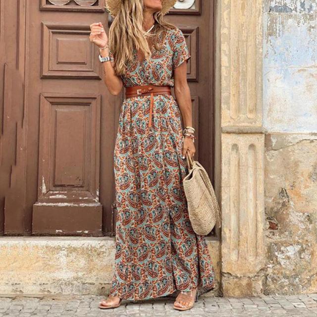 Casual V Neck Short Sleeve Retro Print Belt Hem Beach Dress