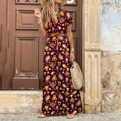 Casual V Neck Short Sleeve Retro Print Belt Hem Beach Dress