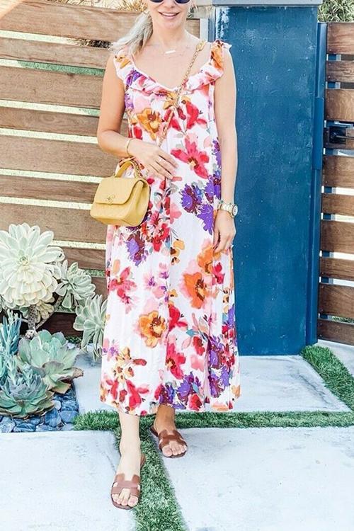 Solid Ruffles V Neck Maxi Dress