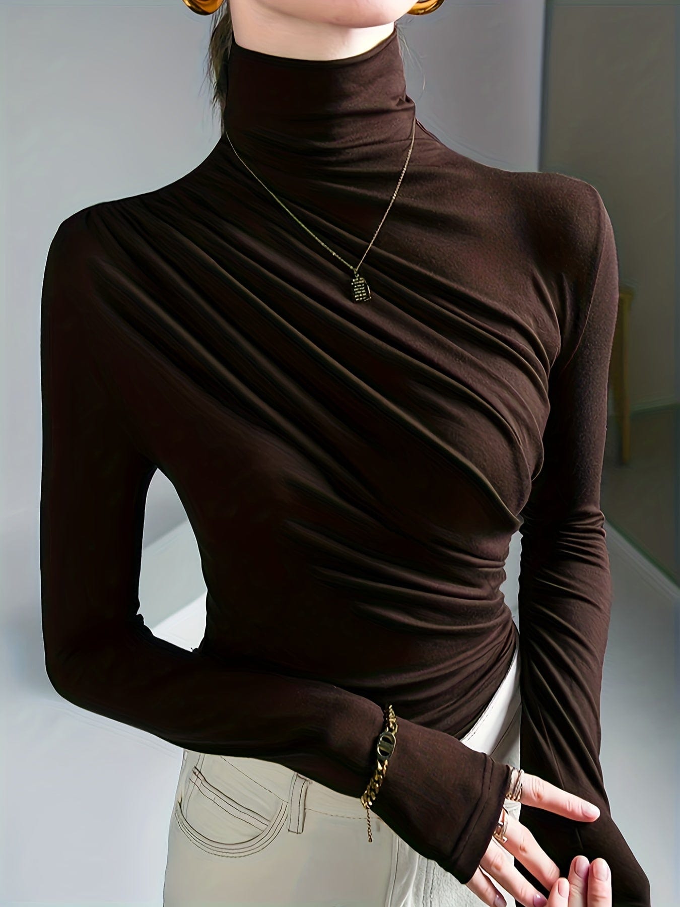 Solid Stylish Ruched Mock Neck Long Sleeve T-Shirt
