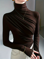 Solid Stylish Ruched Mock Neck Long Sleeve T-Shirt