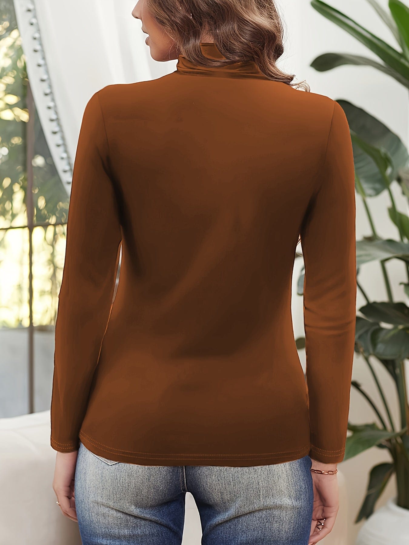 Solid Stylish Ruched Mock Neck Long Sleeve T-Shirt