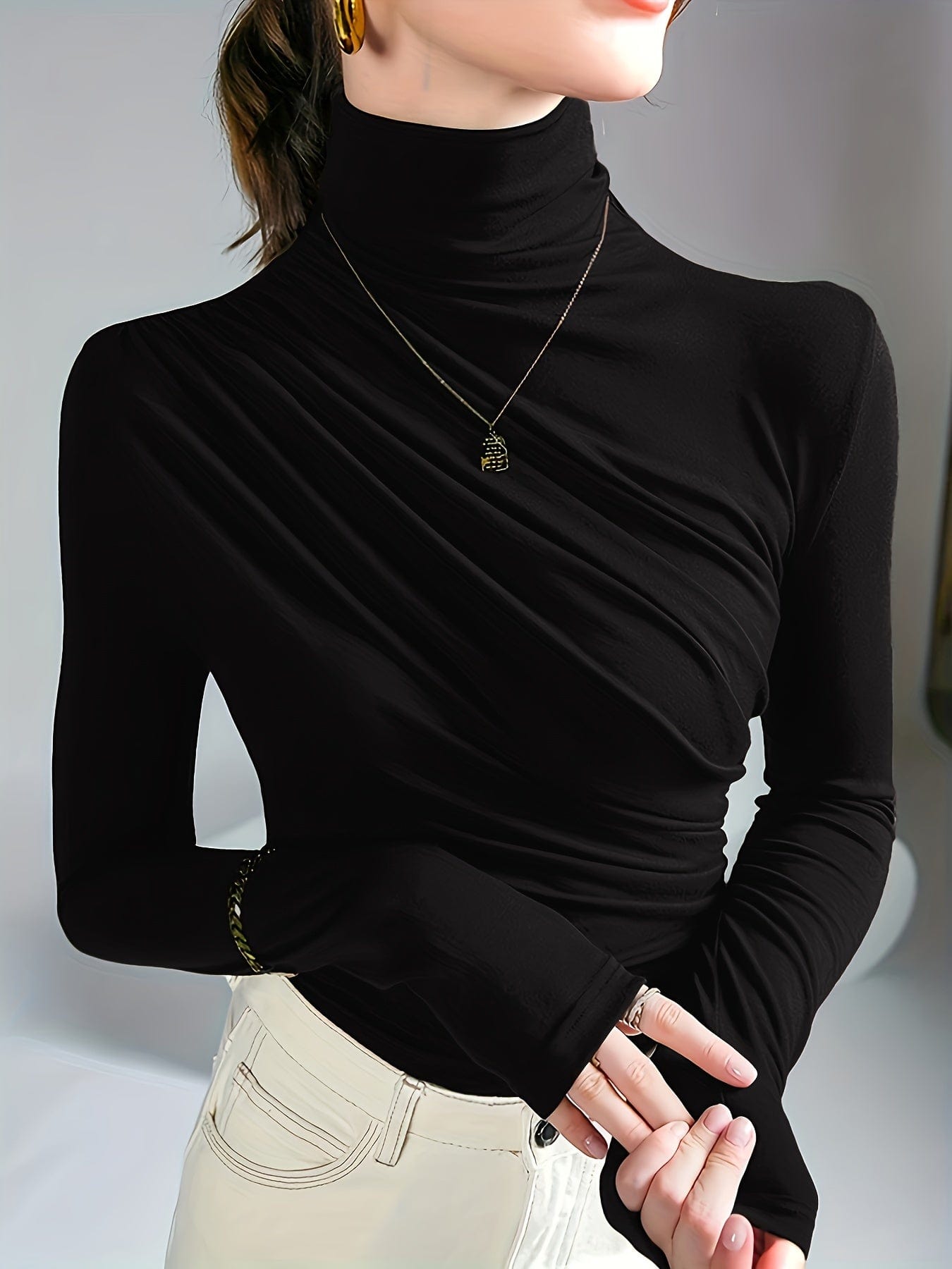 Solid Stylish Ruched Mock Neck Long Sleeve T-Shirt