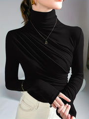 Solid Stylish Ruched Mock Neck Long Sleeve T-Shirt