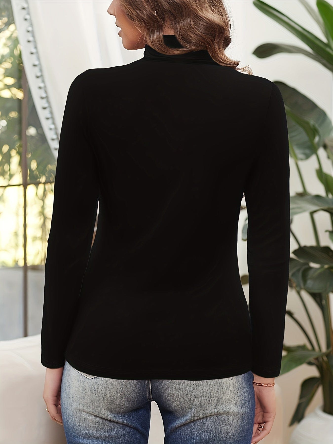 Solid Stylish Ruched Mock Neck Long Sleeve T-Shirt