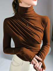 Solid Stylish Ruched Mock Neck Long Sleeve T-Shirt
