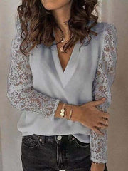 Solid V Neck Lace Sleeve Tops