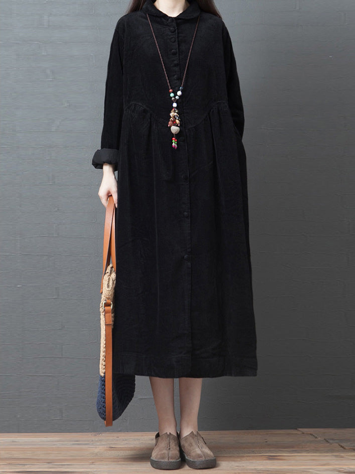 Women's Dresses Loose Corduroy Pocket Long Sleeve Dress