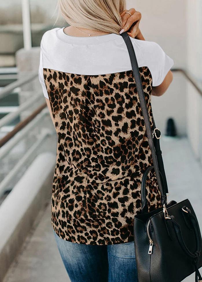 Leopard Printed Patchwork V Neck Short Sleeve T-shirt