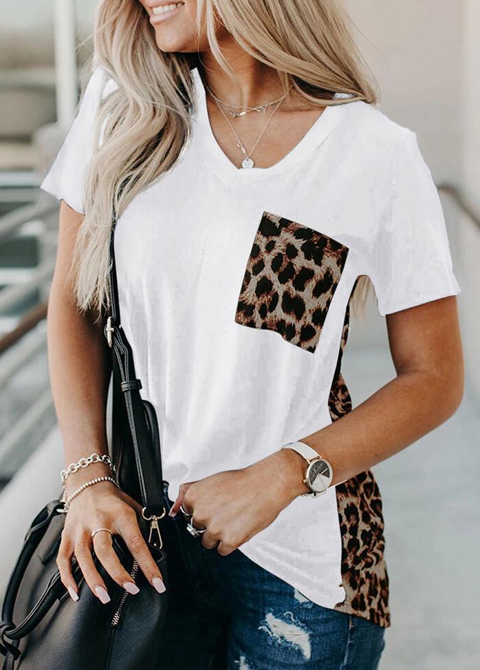 Leopard Printed Patchwork V Neck Short Sleeve T-shirt