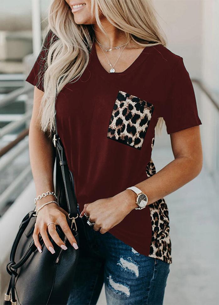 Leopard Printed Patchwork V Neck Short Sleeve T-shirt