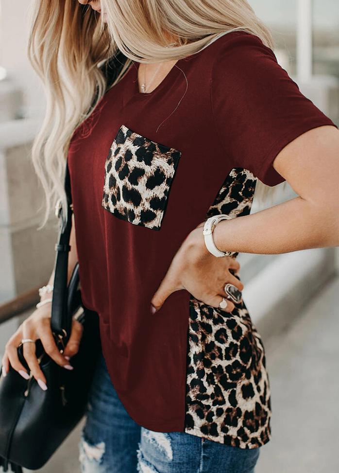 Leopard Printed Patchwork V Neck Short Sleeve T-shirt