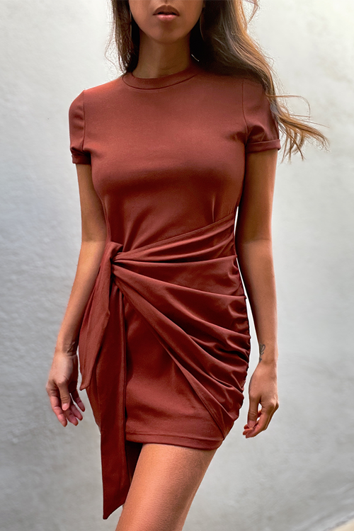 Solid Knot Short Sleeve Mini Dress