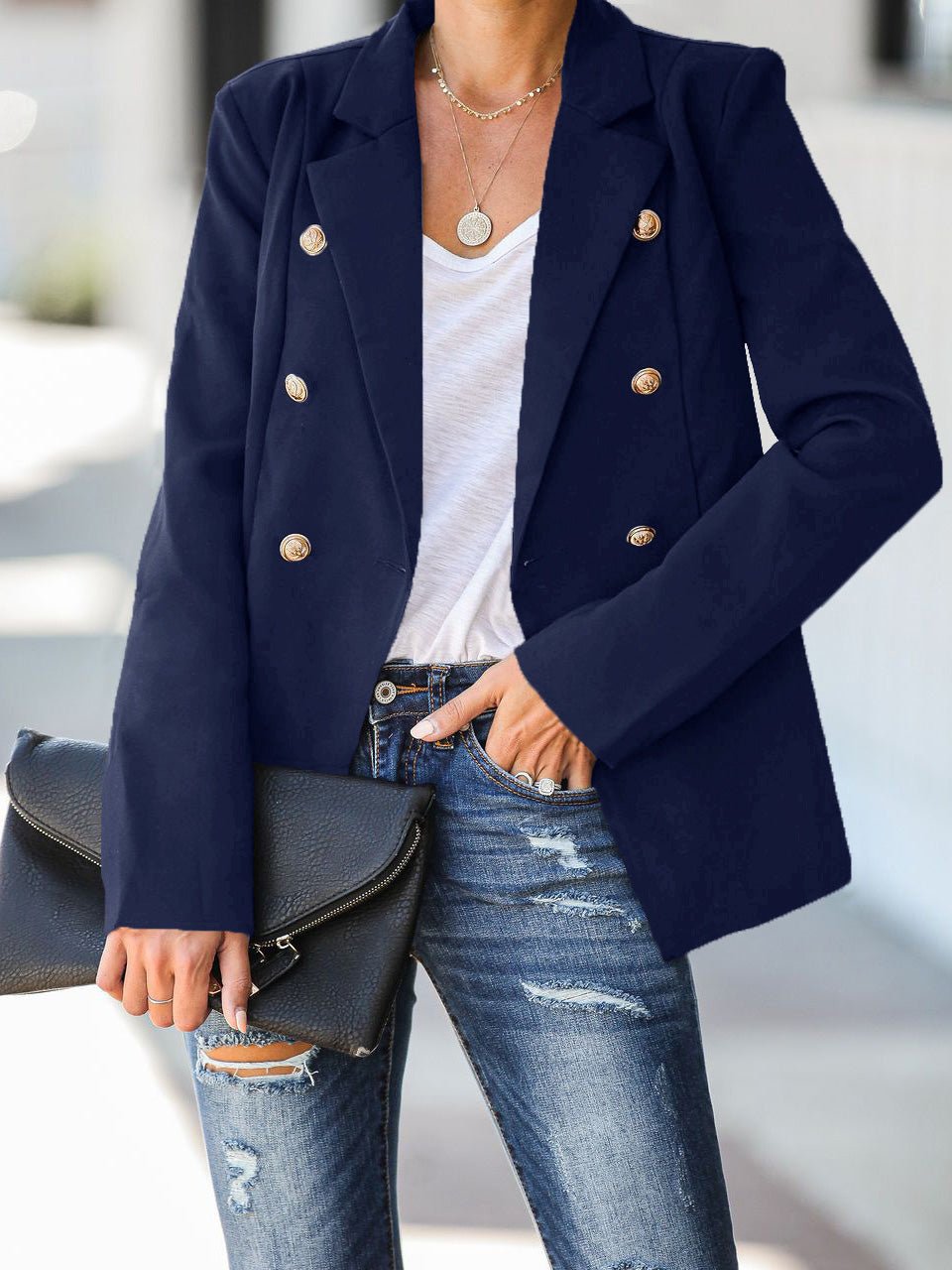 Women's Blazers Solid Double Breasted Long Sleeve Blazer