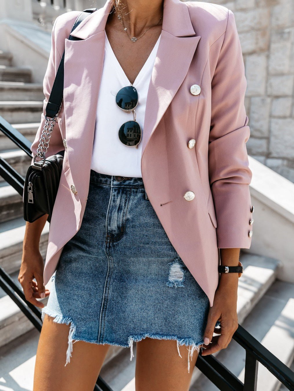 Women's Blazers Solid Stand Collar Double Breasted Blazer