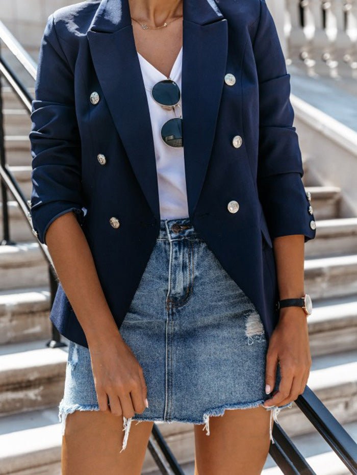 Women's Blazers Solid Stand Collar Double Breasted Blazer