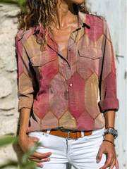 Women's Blouses Casual Printed Lapel Pocket Long Sleeve Blouses
