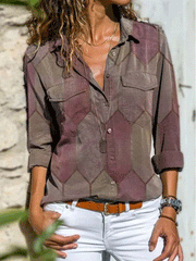 Women's Blouses Casual Printed Lapel Pocket Long Sleeve Blouses