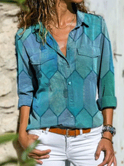 Women's Blouses Casual Printed Lapel Pocket Long Sleeve Blouses