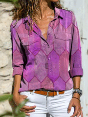 Women's Blouses Casual Printed Lapel Pocket Long Sleeve Blouses