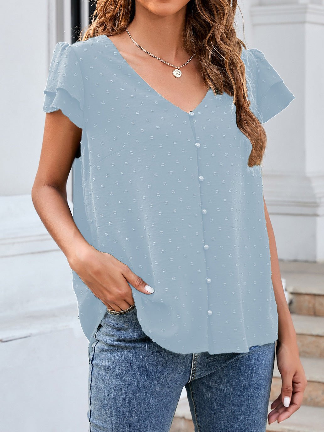 Women's Blouses Jacquard V-Neck Buttoned Ruffle Short Sleeve Chiffon Blouse
