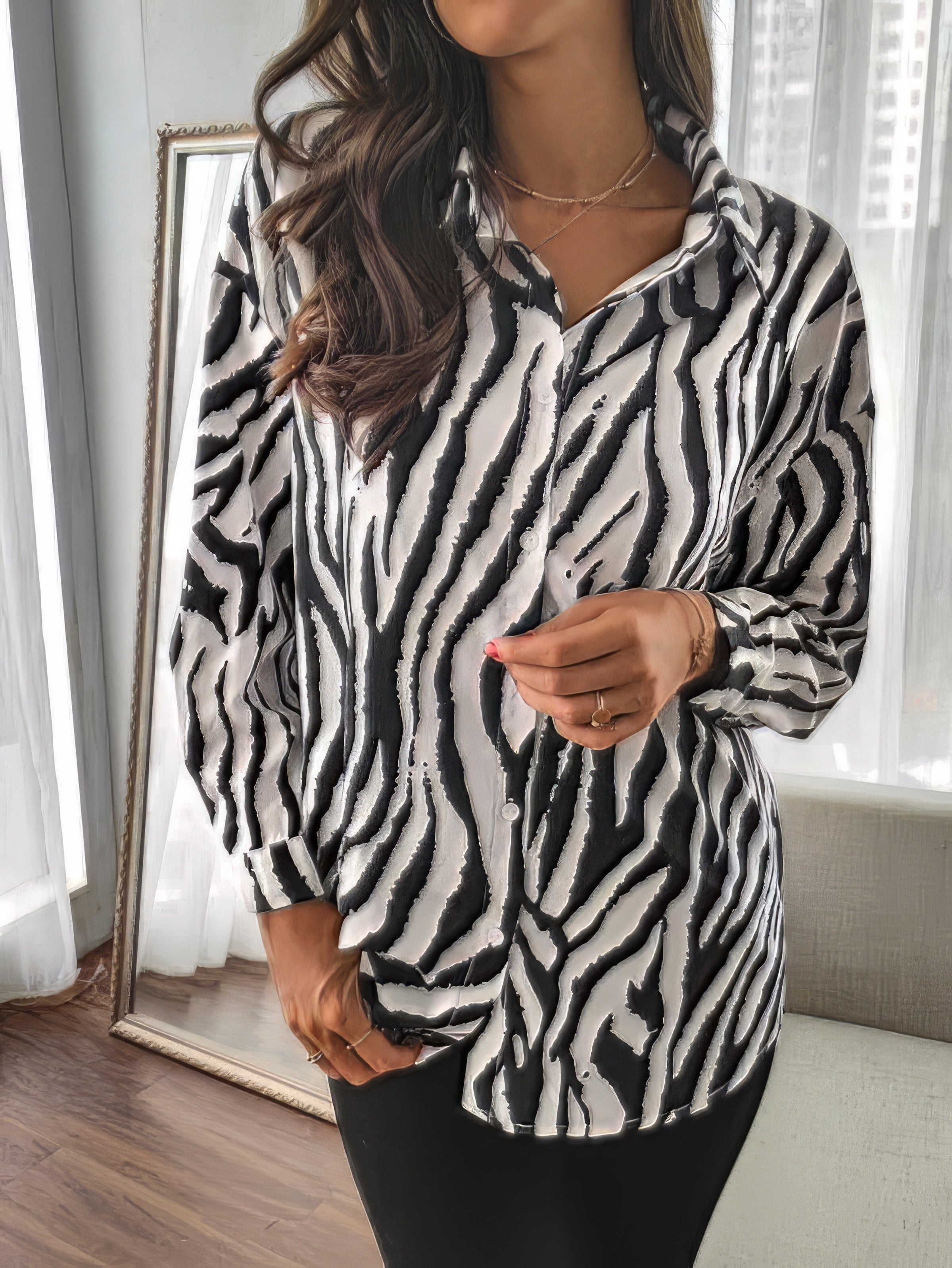 Women's Blouses Lapel Zebra Print Button Long Sleeve Blouse