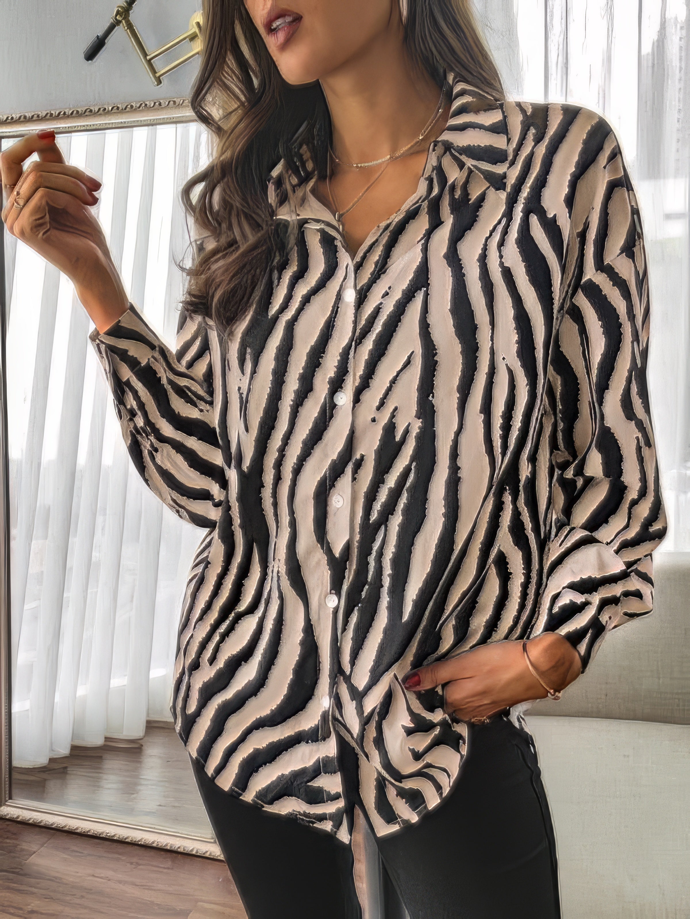 Women's Blouses Lapel Zebra Print Button Long Sleeve Blouse