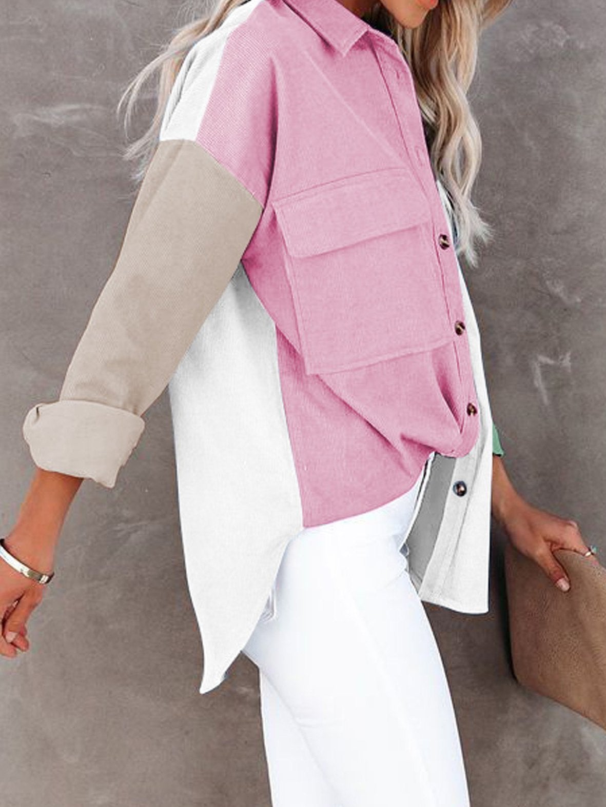 Women's Blouses Loose Contrast Pocket Button Long Sleeve Blouse