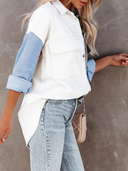 Women's Blouses Loose Contrast Pocket Button Long Sleeve Blouse