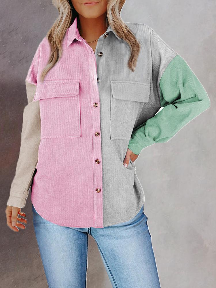 Women's Blouses Loose Contrast Pocket Button Long Sleeve Blouse