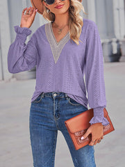 Women's  Blouses Loose Cut Out Lace Panel V-Neck Lace  Blouse