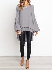 Women's  Blouses Small Fresh Pure Color Chiffon Round Neck Lantern Sleeve  Blouse